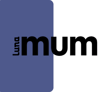 liebevoll aufwachsen – Logo von Luna mum auf zweigeteiltem Hintergrund in Blau und Grün