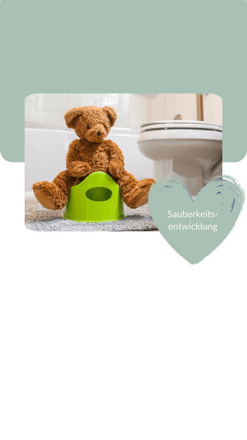 liebevoll aufwachsen – Teddybär auf einem grünen Töpfchen im Bad symbolisiert kindgerechte Sauberkeitsentwicklung