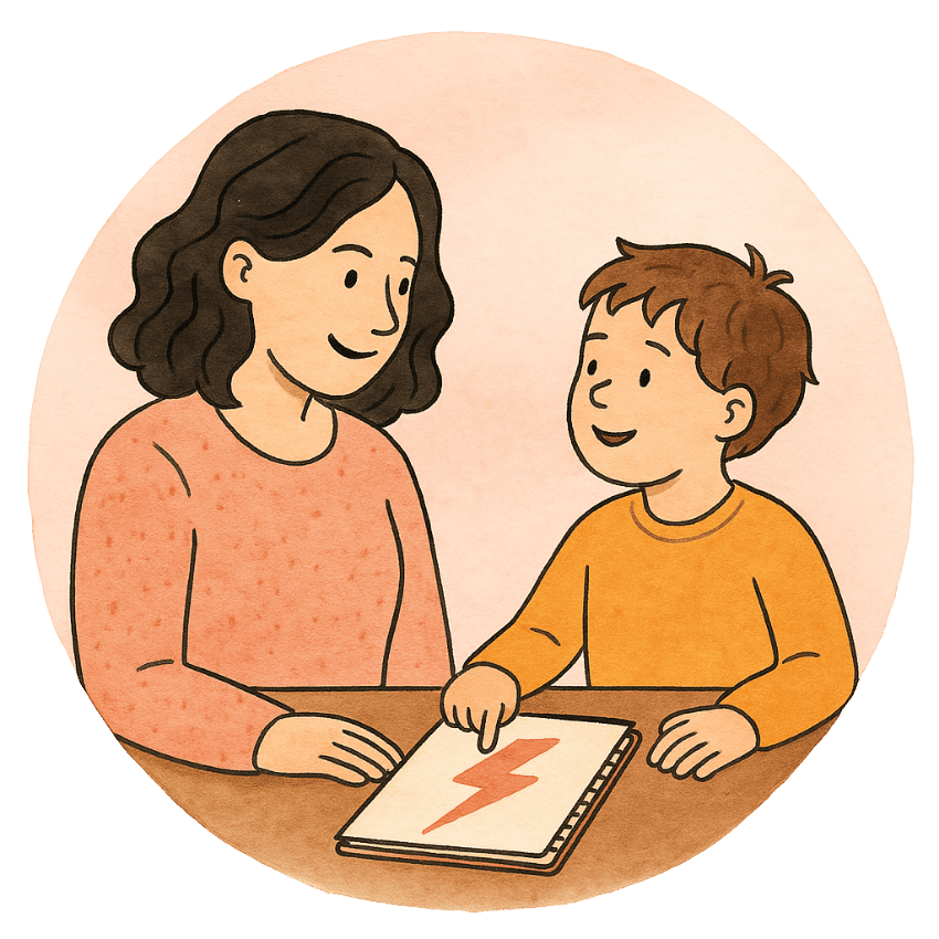 liebevoll aufwachsen – Kind mit ADHS im Gespräch: Illustration zeigt ein Kind im Austausch mit einer einfühlsamen Fachkraft, die aufmerksam zuhört.