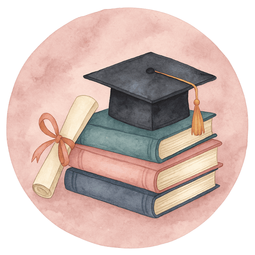liebevoll aufwachsen – Symbol für Wissen, Bildung und berufliche Entwicklung: Ein Stapel Bücher mit Doktorhut und Diplom steht für Ausbildung, Studium oder Weiterbildung.