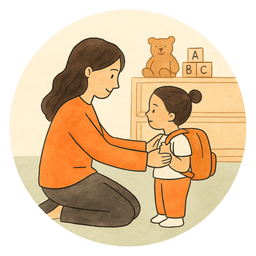 liebevoll aufwachsen – Eingewöhnung in der Kita mit Geborgenheit begleiten: Illustration zeigt eine Mutter, die ihrem Kind beim Kita-Start liebevoll zur Seite steht.