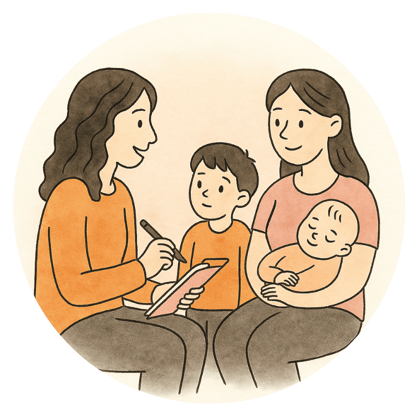 liebevoll aufwachsen – Elternberatung für individuelle Familienbedürfnisse Illustration einer Beratungssituation: Eine Fachperson spricht mit einer Mutter, ihrem Kleinkind und einem älteren Kind – Symbol für individuelle und bindungsorientierte Elternberatung bei liebevoll aufwachsen.