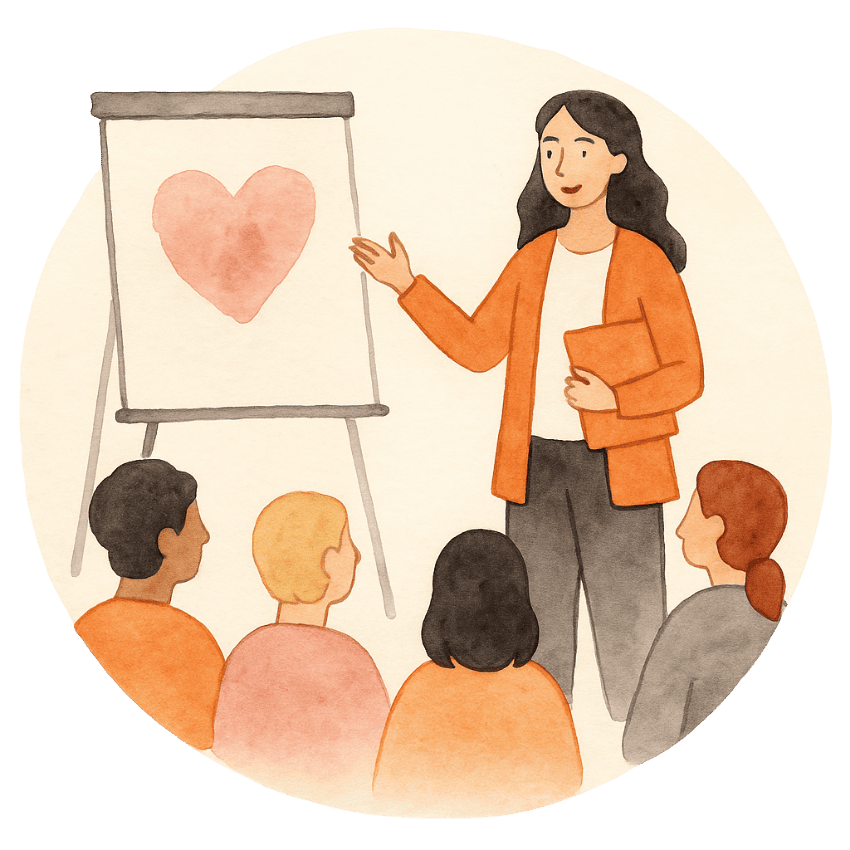 liebevoll aufwachsen – Fachvortrag zu bindungsorientierter Pädagogik Illustration einer Referentin, die vor einer Gruppe von Zuhörer:innen steht und ein Flipchart mit einem Herzsymbol präsentiert.