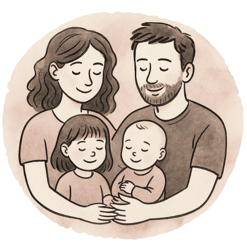 liebevoll aufwachsen – Illustration einer liebevollen Familie mit zwei Kindern
