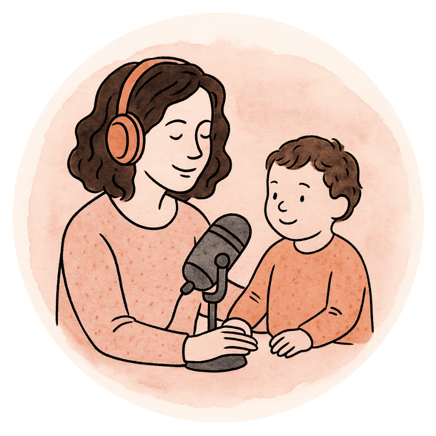 liebevoll aufwachsen – Interviews und Podcasts mit Herz für Familien Illustration einer Frau mit Kopfhörern und Mikrofon im Gespräch mit einem Kind – ein Symbol für persönliche Geschichten und fachliche Impulse rund ums Familienleben.