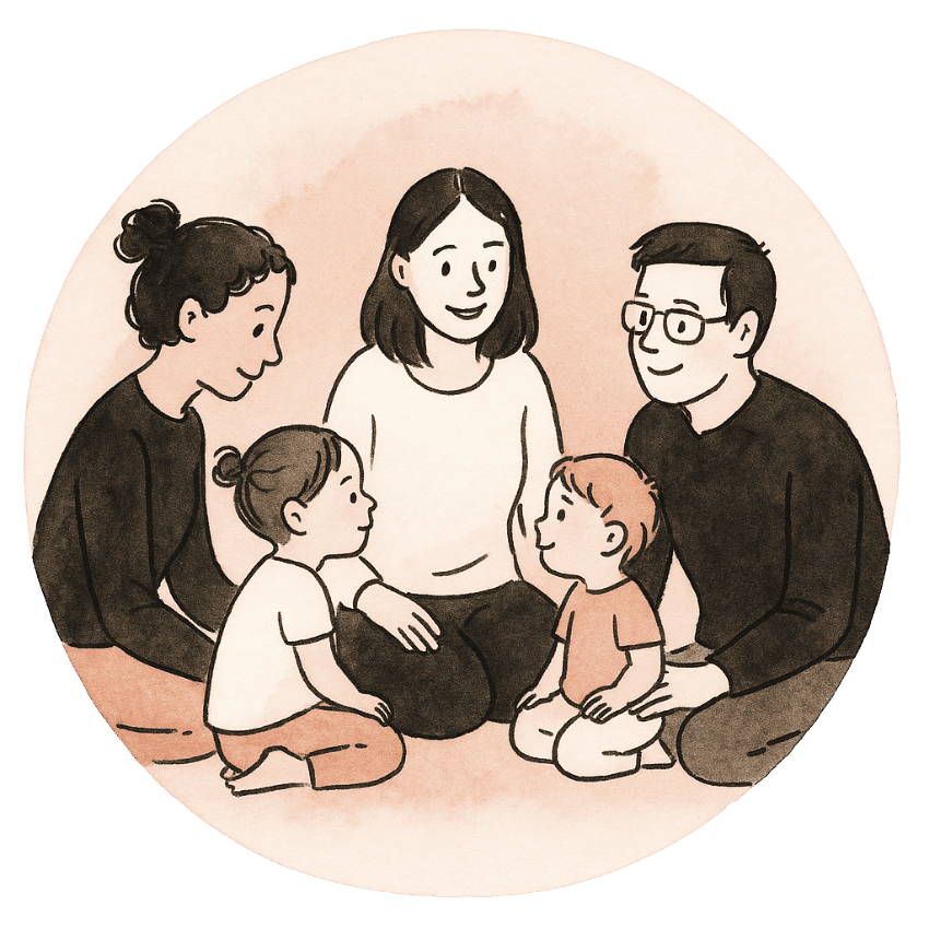liebevoll aufwachsen – pädagogische Fachkräfte im Austausch mit Kindern und Eltern Illustration von pädagogischen Fachkräften, die in einer Runde mit Kindern und Eltern sitzen und im Dialog stehen.