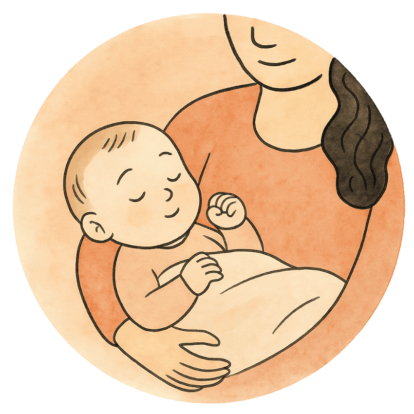 liebevoll aufwachsen – Mutter hält schlafendes Baby im Arm: Illustration zeigt einen ruhigen, geborgenen Moment, der das Vertrauen zwischen Eltern und Kind symbolisiert.
