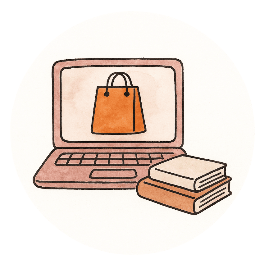 liebevoll aufwachsen – Shop mit Fachliteratur und Ressourcen für Familien Illustration eines Laptops mit Einkaufstasche auf dem Bildschirm, daneben zwei Bücher – Symbol für den Online-Shop von liebevoll aufwachsen mit hilfreichen Materialien für Eltern, Fachkräfte und Interessierte.