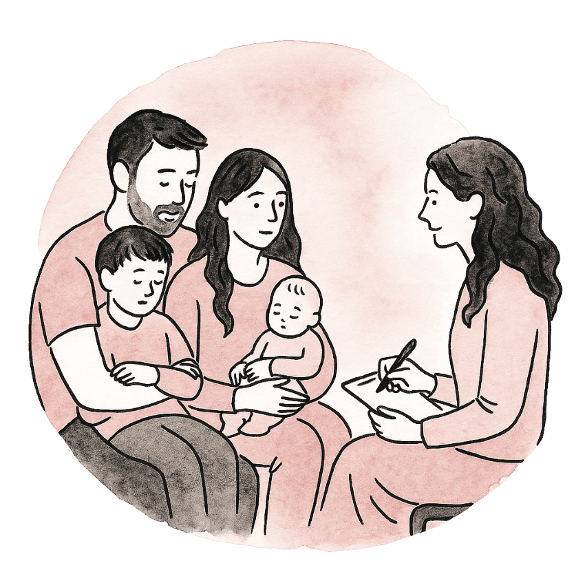 liebevoll aufwachsen – Illustration einer Familie in systemischer Beratung